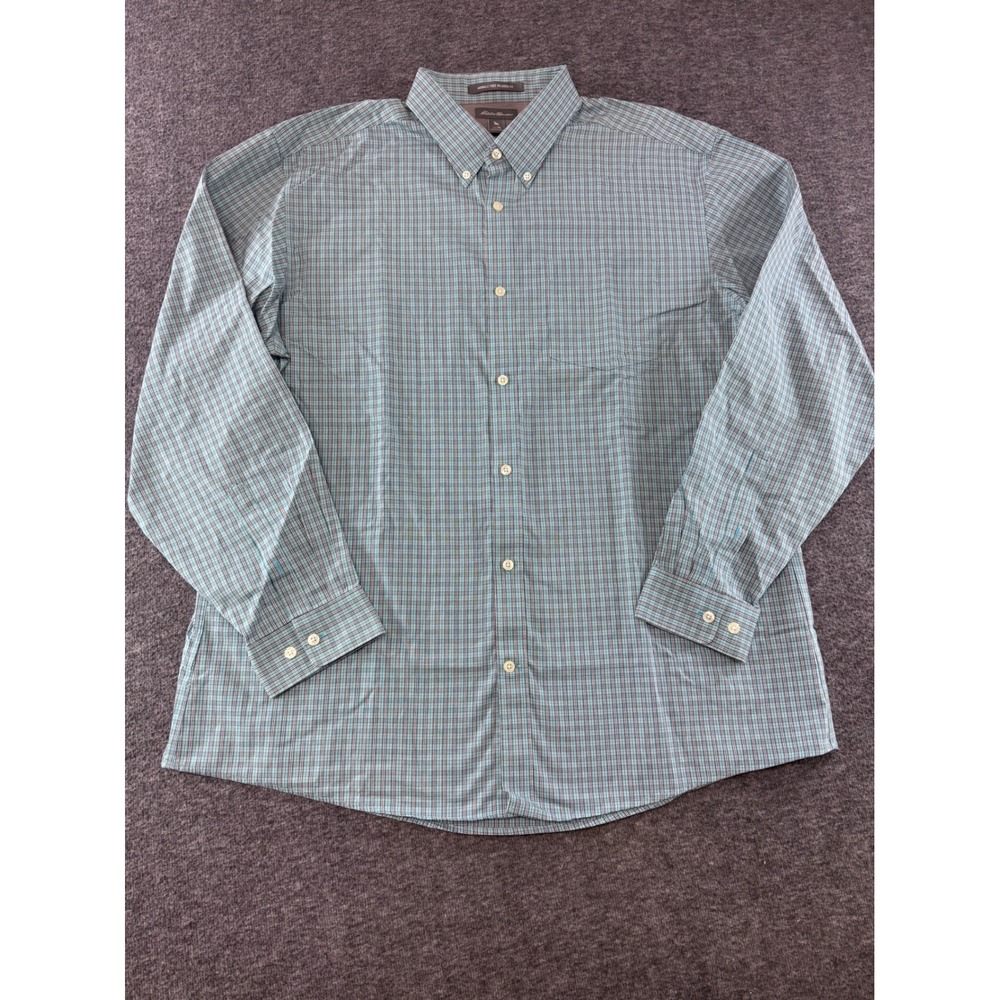 Eddie Bauer Mens XL Blue Green Plaid Wrinkle Free Relaxed Fit Button Down Shirt